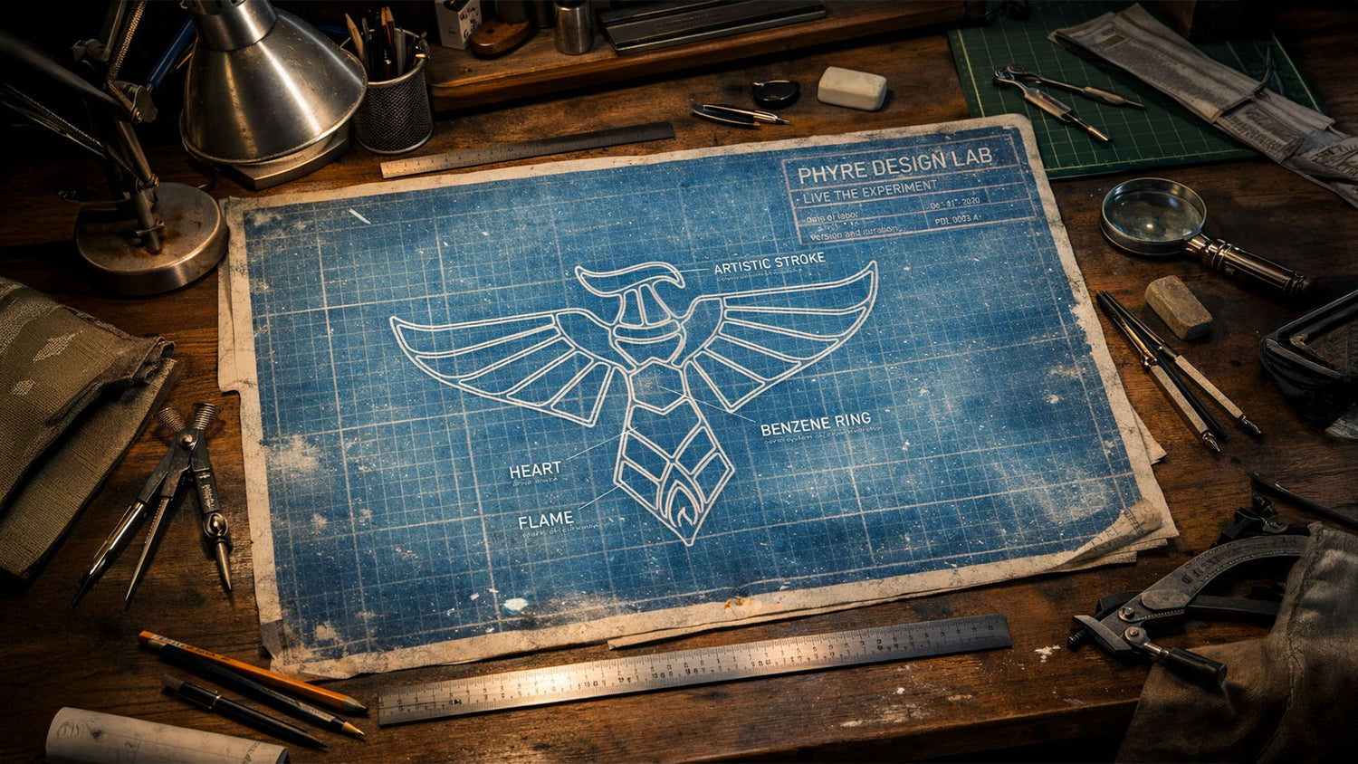 Phyre Design Lab phoenix logo blueprint on drafting table